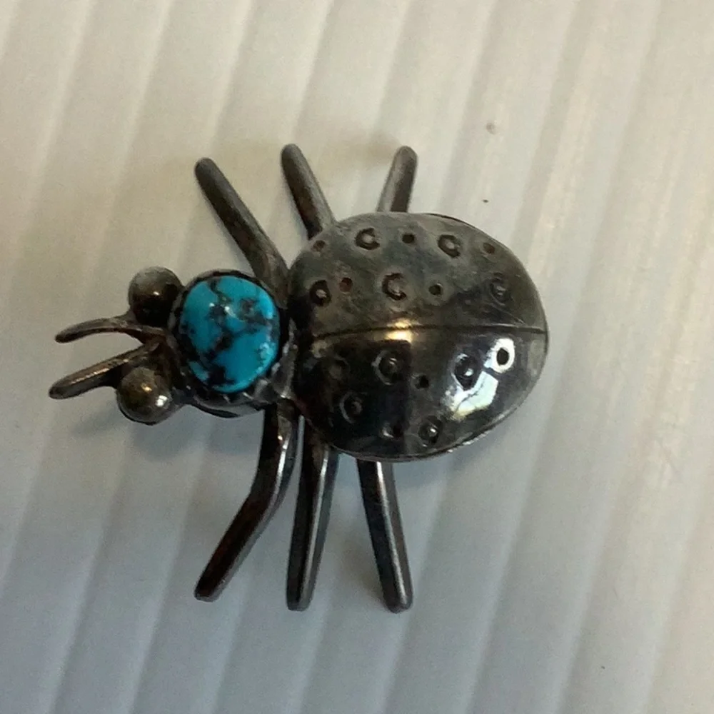 VINTAGE Native Southwest Sterling Silver Turquoise Ladybug Insect Brooch Pin EUC